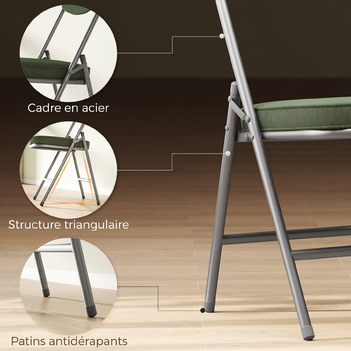 Lot de 2 chaises pliantes chaises de salle à manger portables avec assises et dossiers rembourrés en velours côtelé vert