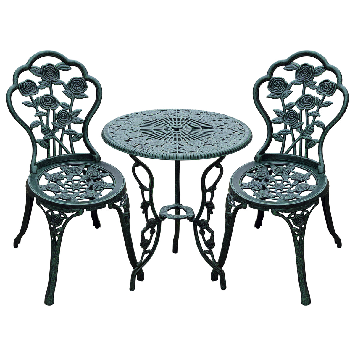 Ensemble Salon de Jardin 2 Places 2 chaises + Table Ronde Style néo-rétro Motif Rose Lignes fuselées Fonte