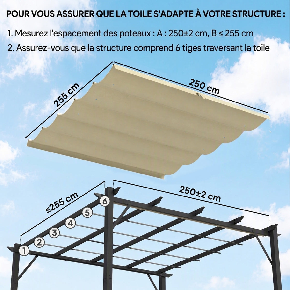 Toile de toit pour pergola tonnelle rétractable de 3 x 3 m - toile uniquement 250 x 255 cm beige