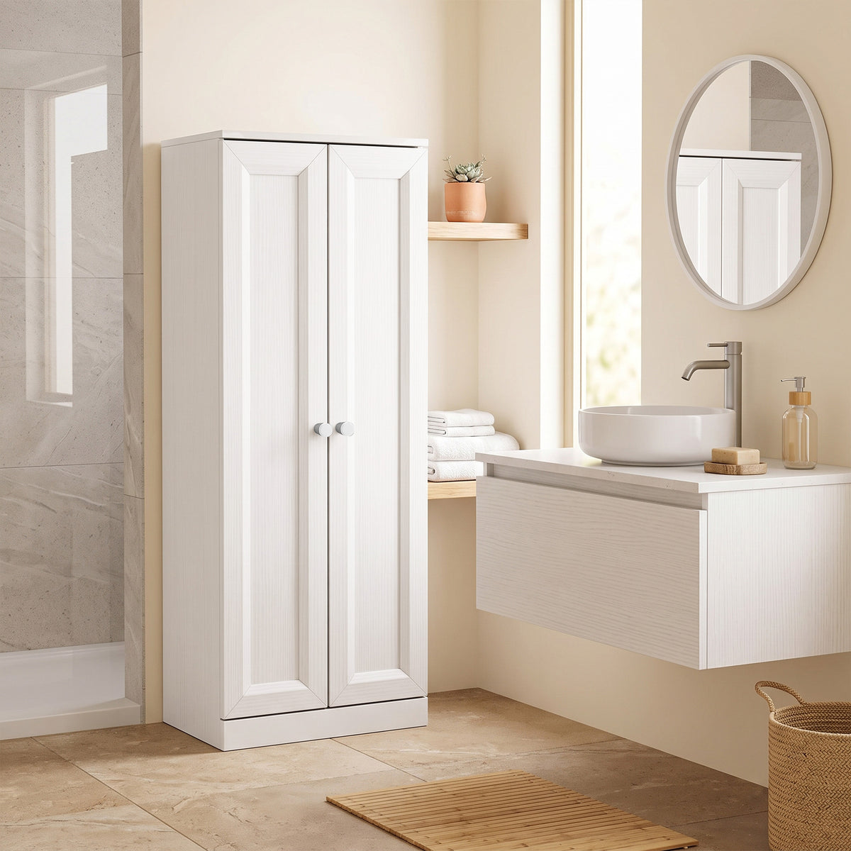Mobiletto da Bagno Stretto, Mobile Contenitore da Terra con 2 Ante e 3 Ripiani, per Soggiorno, Camera da Letto, Bianco