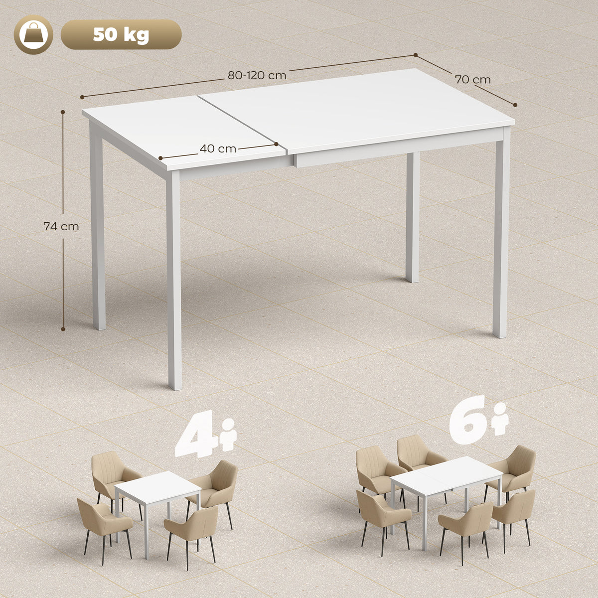 Table à manger extensible 80-120 cm pour 4 à 6 personnes, table de cuisine avec extension coulissante, blanc