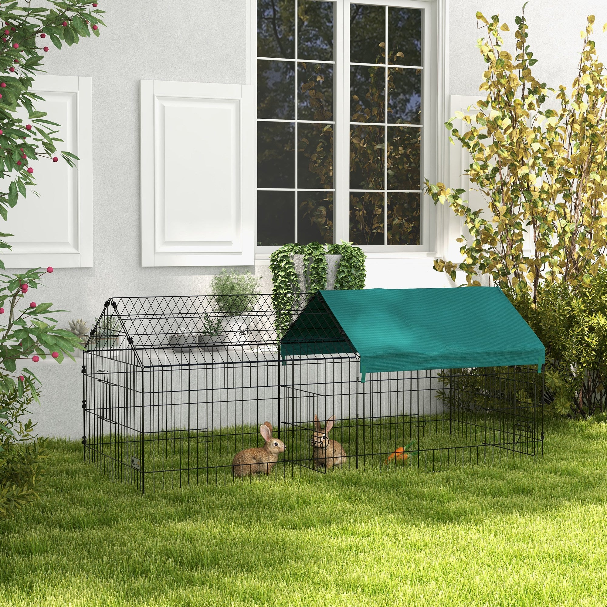 Parc enclos cage lapin extérieur structure acier avec protection solaire et portes verrouillables 185 x 75 x 75 cm vert