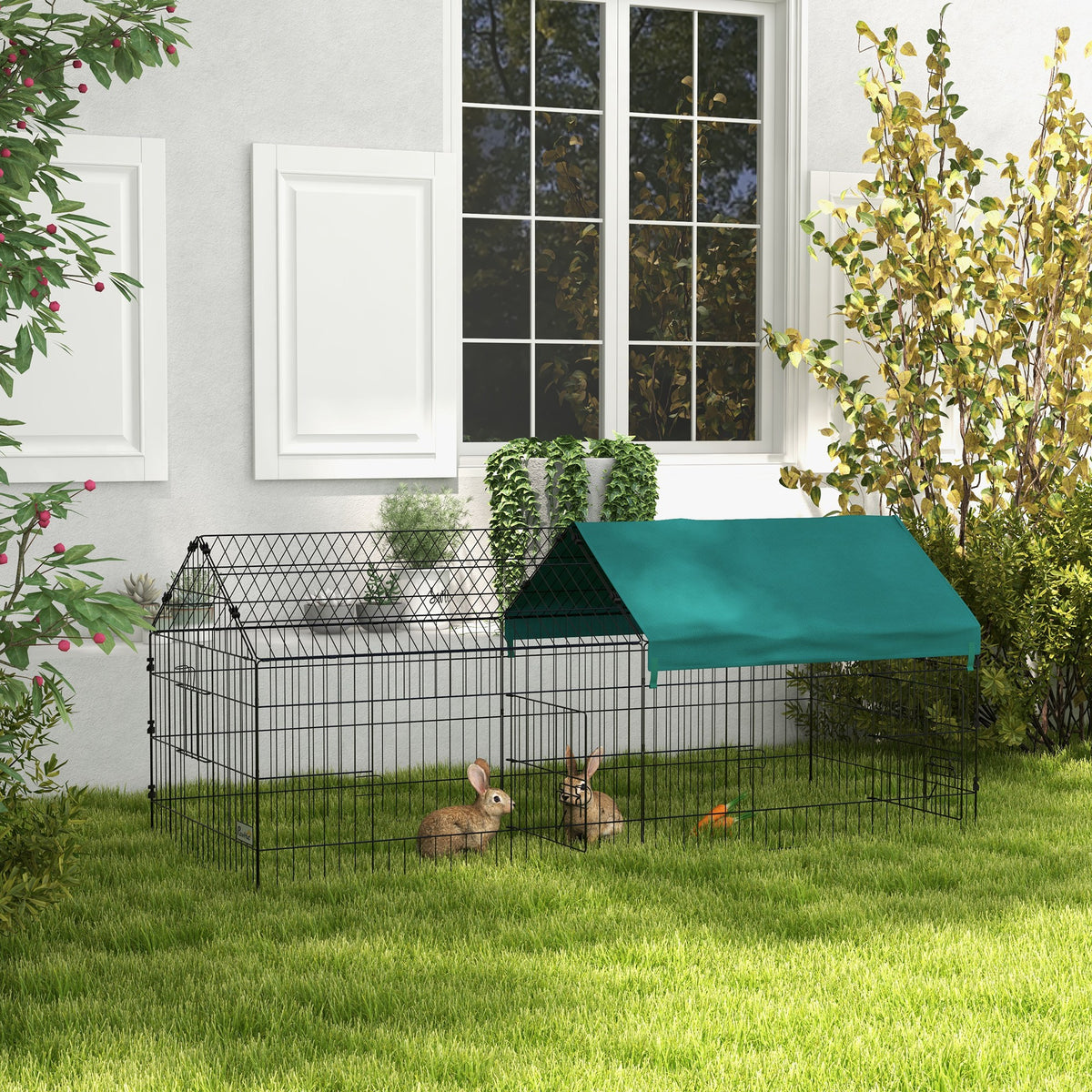 Parc enclos cage lapin extérieur structure acier avec protection solaire et portes verrouillables 185 x 75 x 75 cm vert