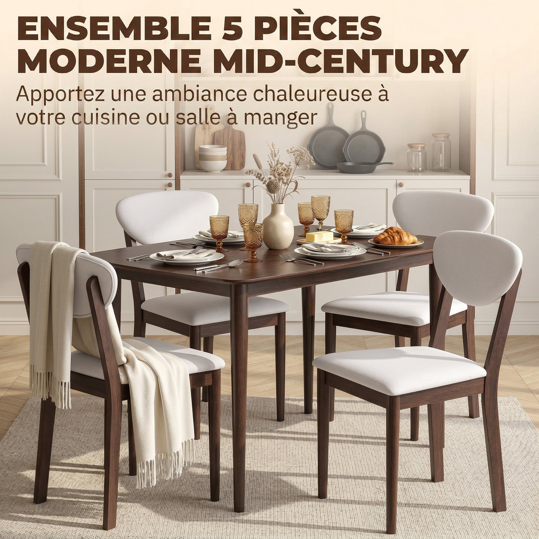 Ensemble table salle à manger avec 4 chaises table de cuisine avec chaises 4 personnes assise rembourrée noyer crème