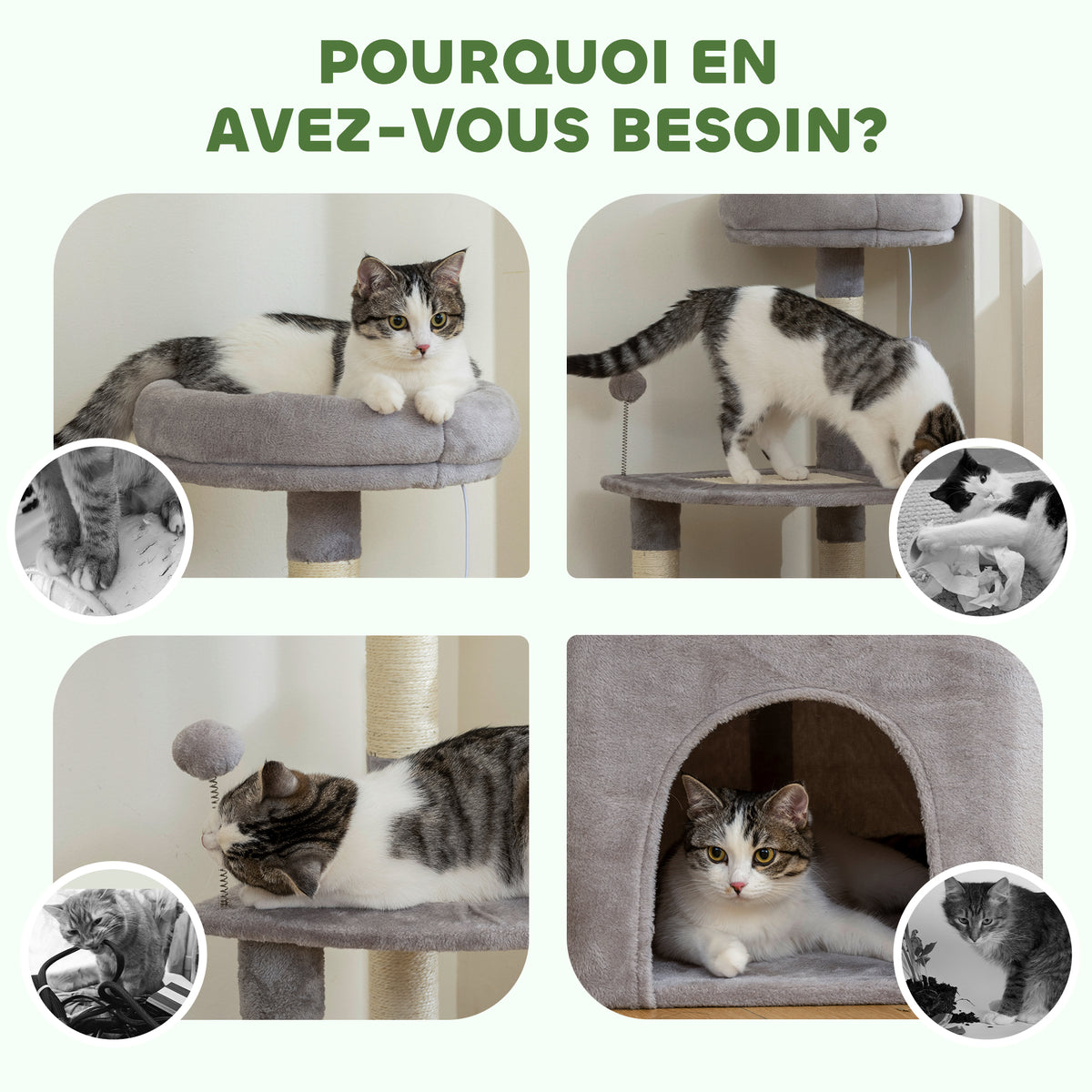 Arbre à chat tour de jeux pour chats griffoirs sisal, plate-forme, niche, tissu peluche, balles, 49x49x114cm gris clair