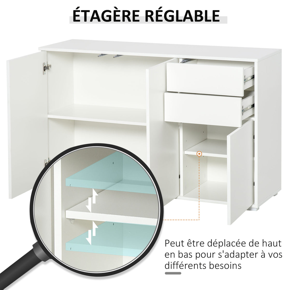 Credenza mobile contenitore 2 cassetti scorrevoli 3 ante ripiano regolabile pannelli di particelle 117 x 36 x 74 cm bianco