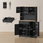 Buffet haut cuisine, armoire de cuisine, station de charge, 6 portes, plan de travail, porte-épices, 100x40x173cm, noir