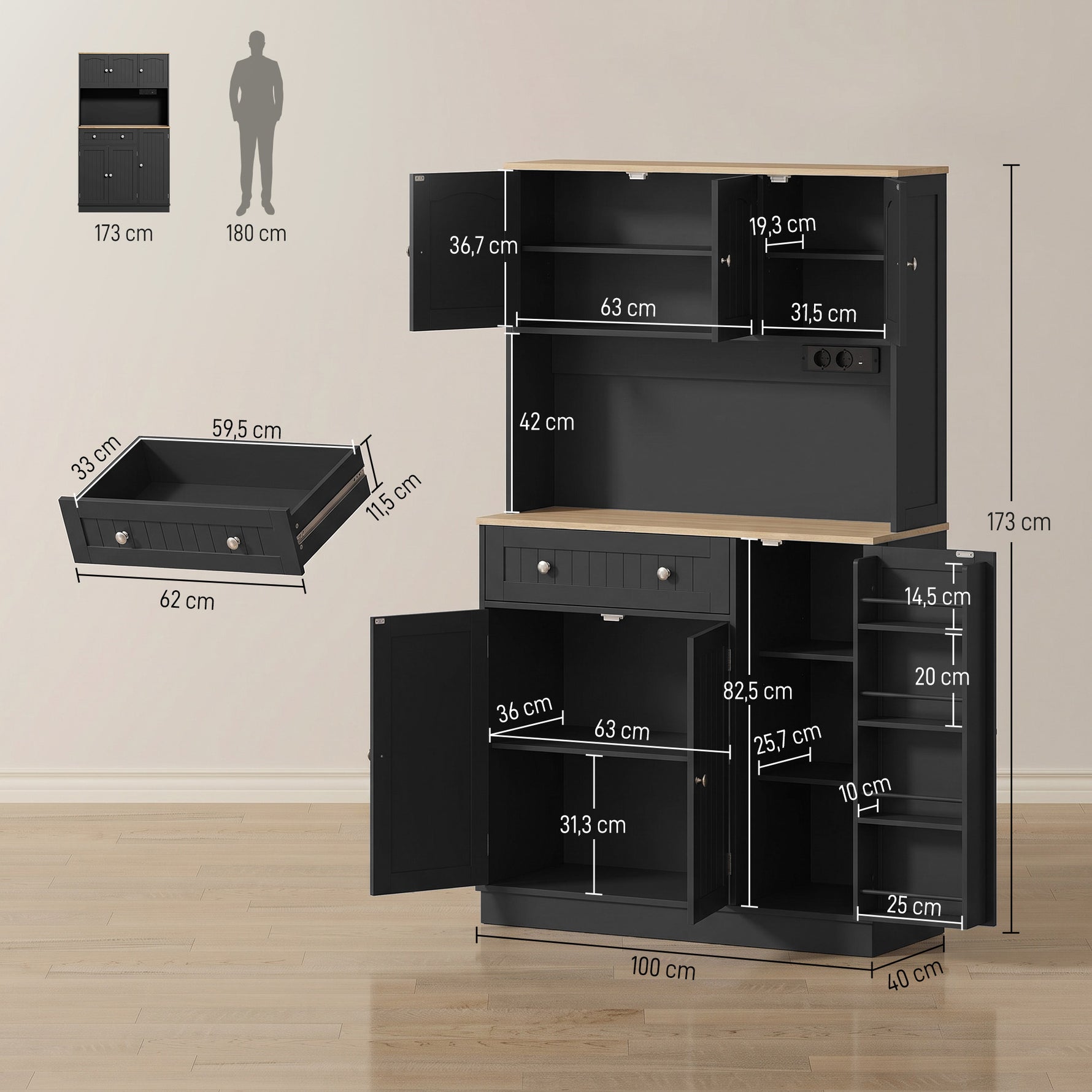 Buffet haut cuisine, armoire de cuisine, station de charge, 6 portes, plan de travail, porte-épices, 100x40x173cm, noir
