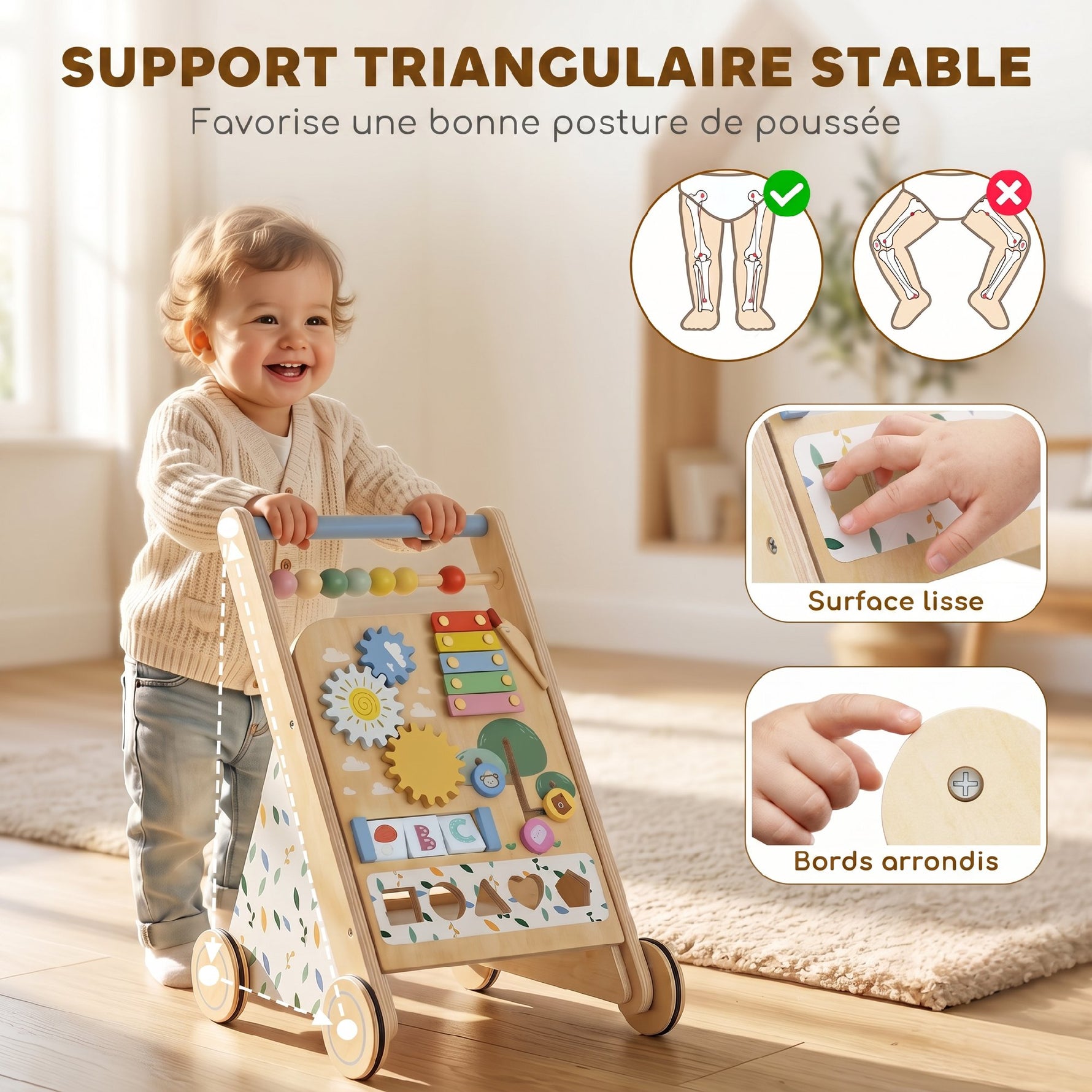 Trotteur Bebe en Bois, Chariot de Marche Bébé avec Centre d'Activités, Vitesse Réglable et 5 Blocs, dès 18 Mois, Naturel