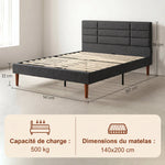 Cadre de Lit 140 x 200 cm avec Sommier Bois, Lit Double Rembourré en Effet Lin, Rangement au-dessous, Sans Bruit, Gris