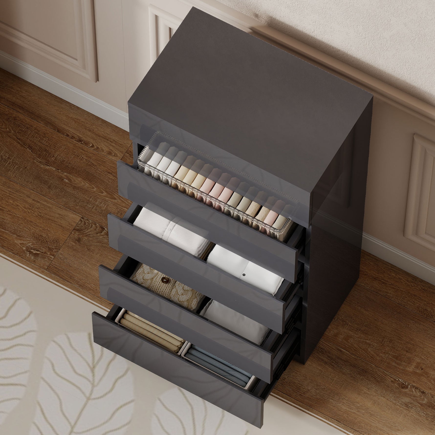 Commode 5 tiroirs, meuble de rangement à haute brillance, fermeture douce et silencieuse, 53 x 34 x 100 cm, gris
