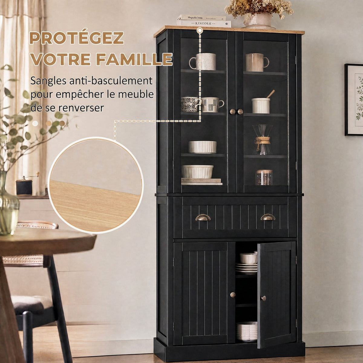Buffet meuble cuisine rangement armoire de cuisine 4 portes dont 2 portes vitrées et 1 tiroir étagères réglables - noir