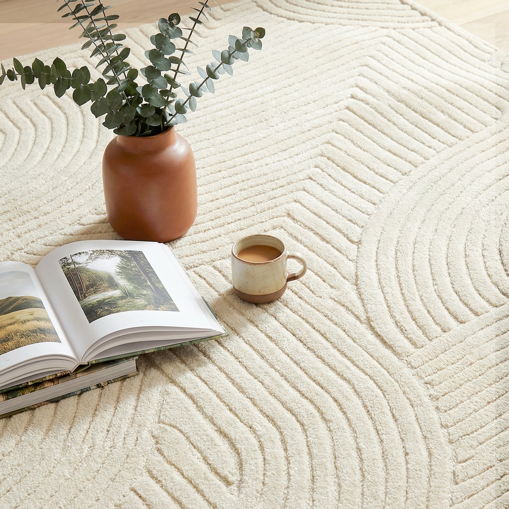 Tapis salon 200 x 140 cm, tapis à poils épais géométrique, moelleux et antidérapant, crème