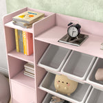 Meuble rangement enfant, étagère de rangement pour jouets enfants avec 8 bacs amovibles, 140 x 30 x 90 cm, rose
