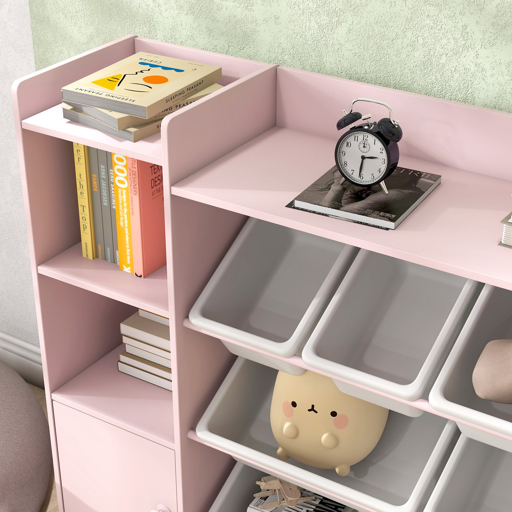 Meuble rangement enfant, étagère de rangement pour jouets enfants avec 8 bacs amovibles, 140 x 30 x 90 cm, rose