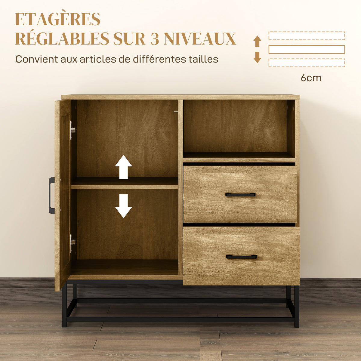 Buffet, meuble de rangement avec 2 tiroirs, compartiment ouvert et étagère réglable, 80l x 40P x 78H cm, naturel