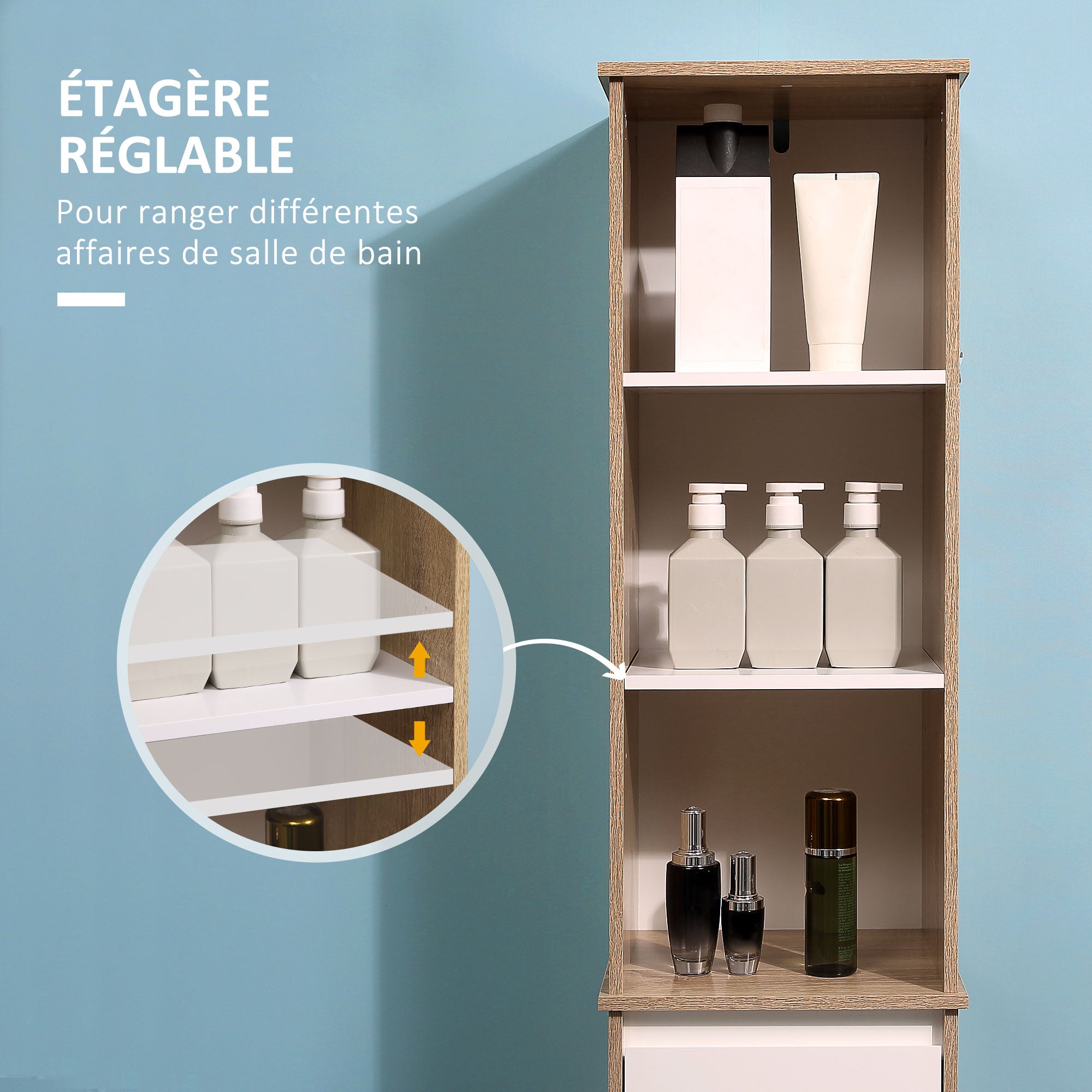 Mobile colonna contenitore per bagno, stile accogliente, 3 vani, cassetto e ante con ripiano, bianco ed effetto rovere chiaro