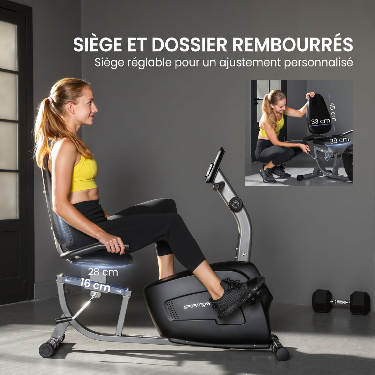 Vélo d'Appartement Semi-Allongé avec Roues, Résistance Magnétique et Siège Réglable, 132x62x100cm, Noir