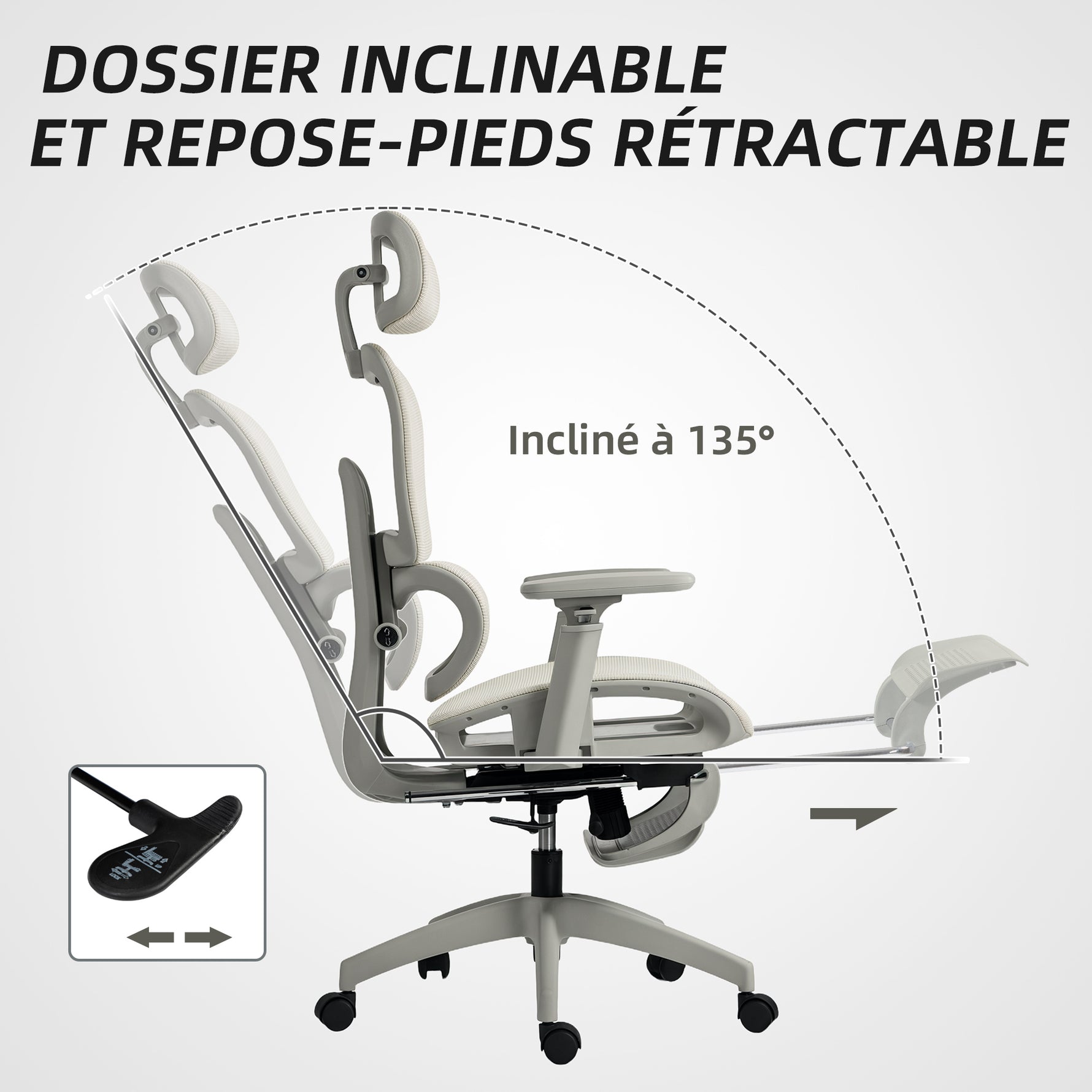 Chaise de bureau ergonomique en maille, fauteuil de bureau inclinable, accoudoirs 3D, appui-tête réglable, beige