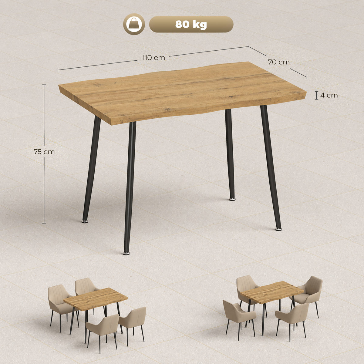 Tavolo da pranzo per 4 persone, 110 x 70 x 75 cm, tavolo da cucina rettangolare, piano spesso effetto legno, rovere