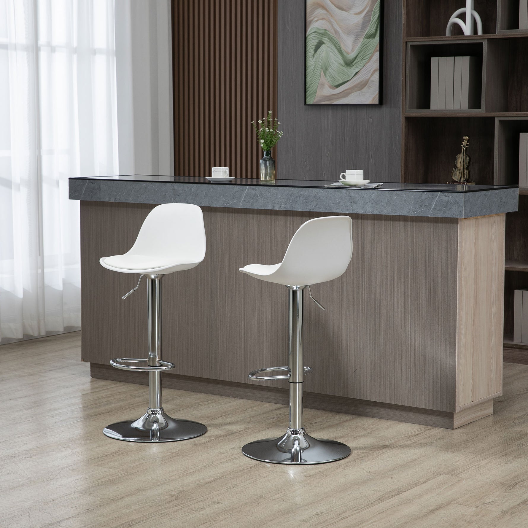 Lot de 2 tabourets de bar chaise haute cuisine avec dossier et repose-pieds, hauteur réglable, 41x42x82-104cm, blanc