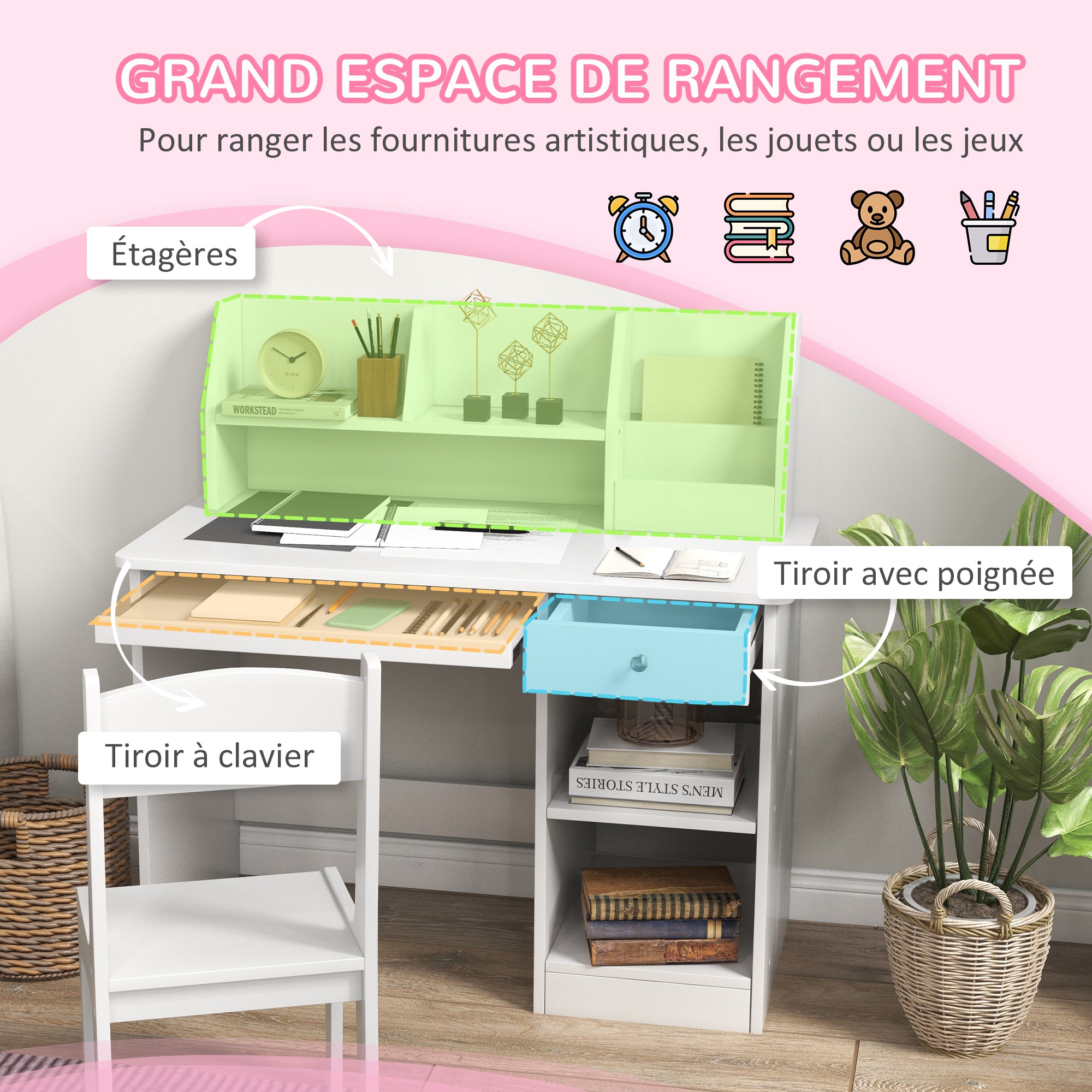 Bureau enfant avec chaise ergonomique avec clavier coulissant tiroir niches et étagères ouvertes 90 x 45 x 90 cm blanc