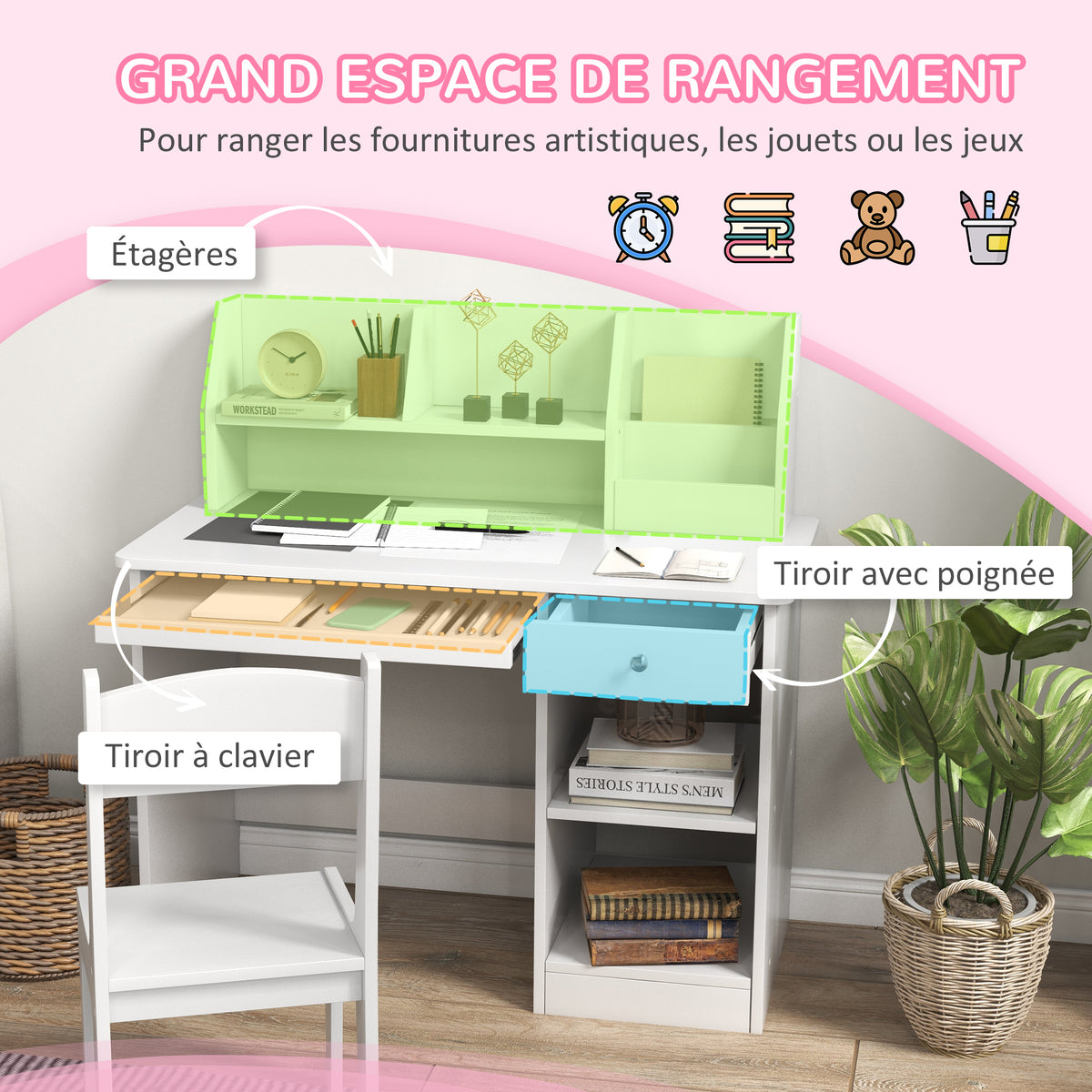 Bureau enfant avec chaise ergonomique avec clavier coulissant tiroir niches et étagères ouvertes 90 x 45 x 90 cm blanc