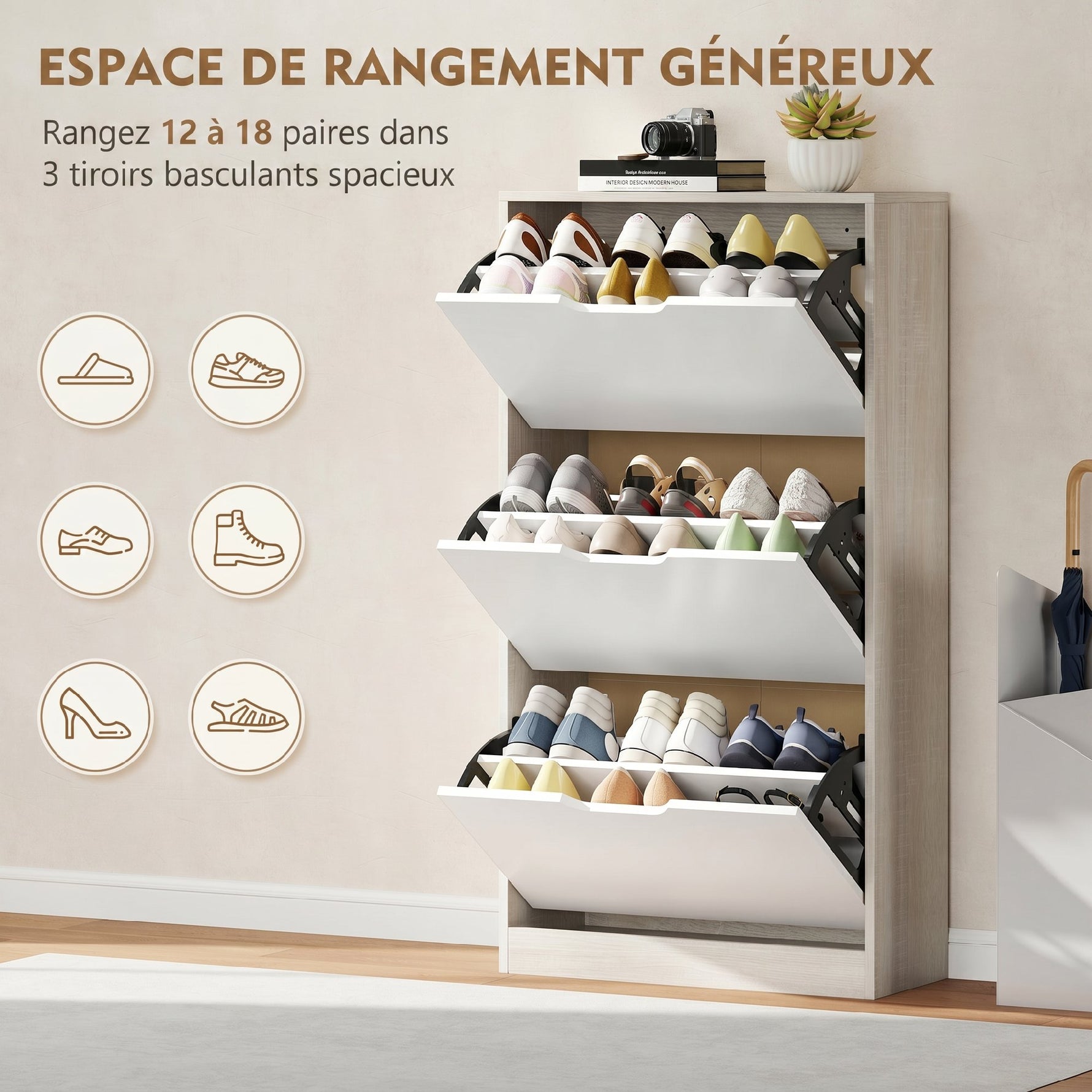 Meuble à chaussures 12 paires, armoire à chaussures étroite, 3 tiroirs rabattables, chêneet blanc