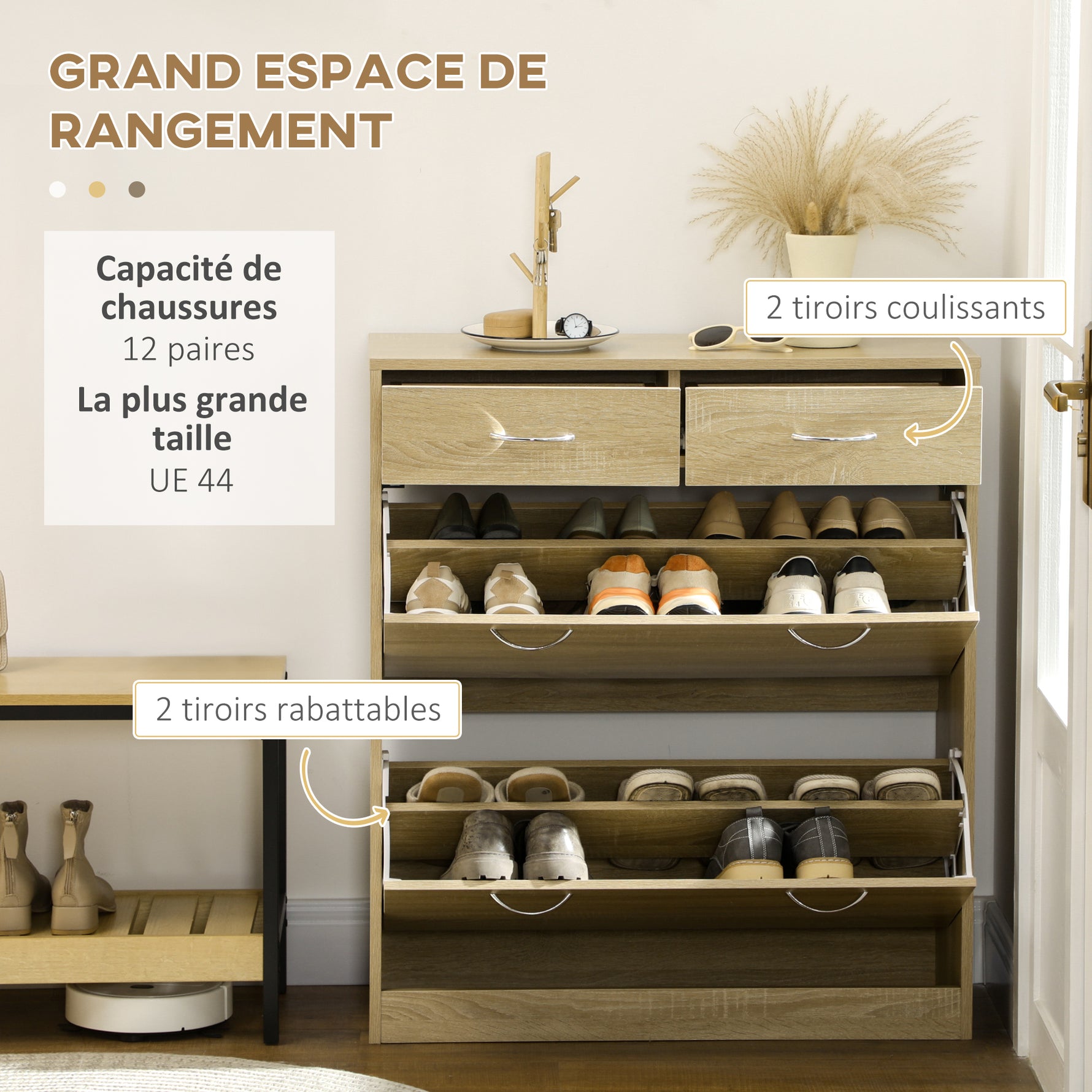 Meuble à chaussures 2 tiroirs et 2 portes abattantes avec étagère réglable 80 x 30 x 91,5 cm poignées alu. naturel