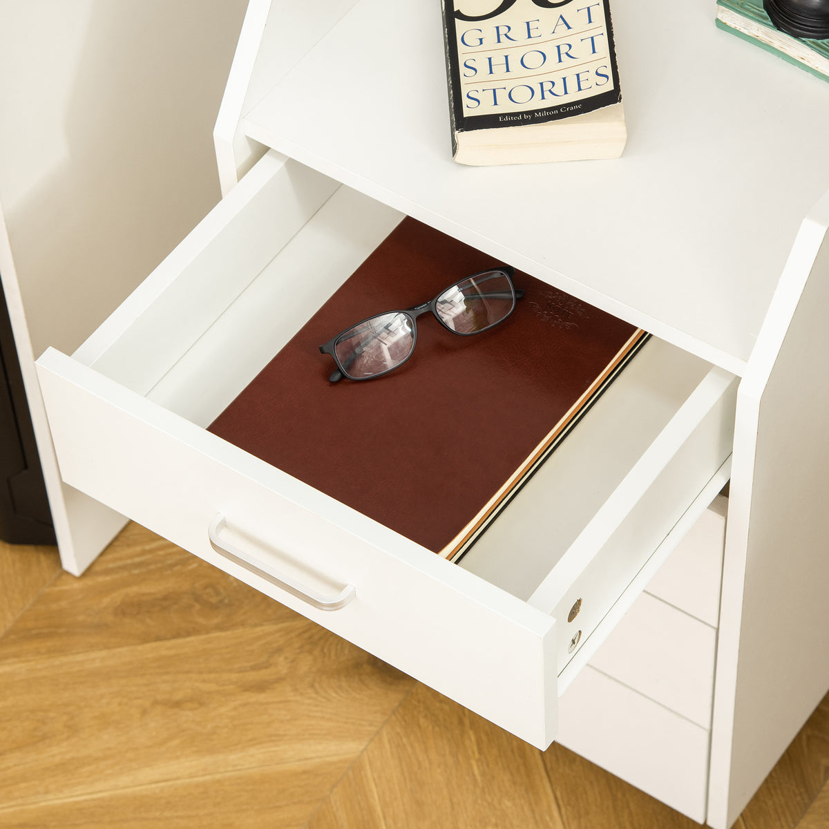 Cassettiera da ufficio con ruote a 4 cassetti scorrevoli in MDF e pannelli di particelle dim. 40L x 36P x 65A cm bianco