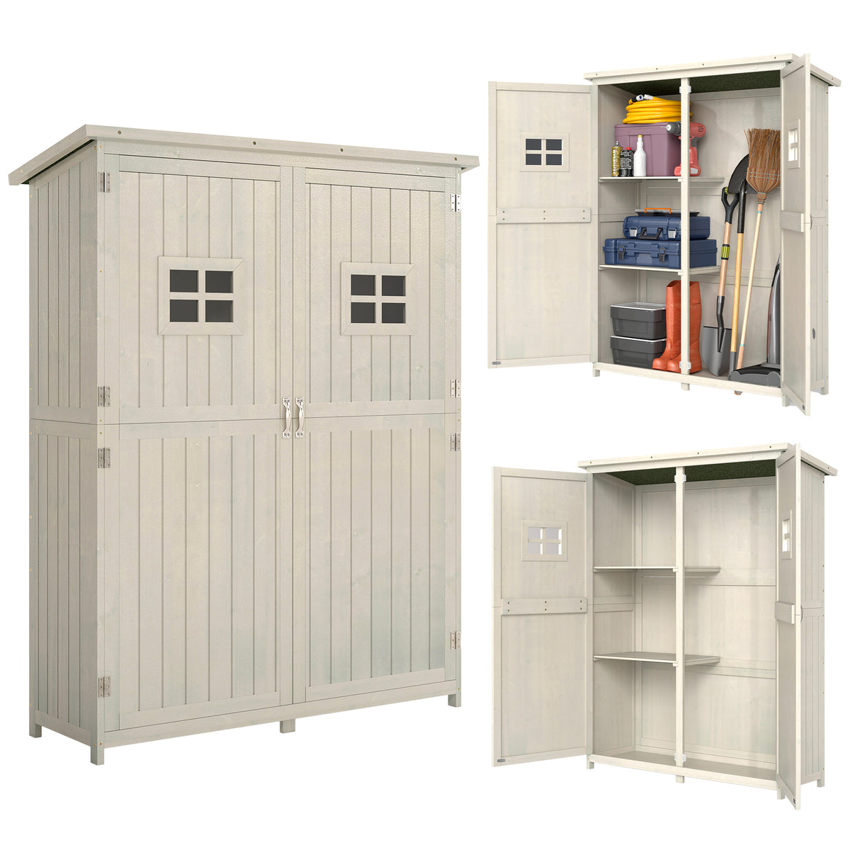 Abri de Jardin en bois Armoire de Jardin dim. 127,5L x 50l x 164H cm 2 étagères 2 Portes 2 fenêtres Toit bitumé étanche Bois Massif Sapin pré-huilé Gris