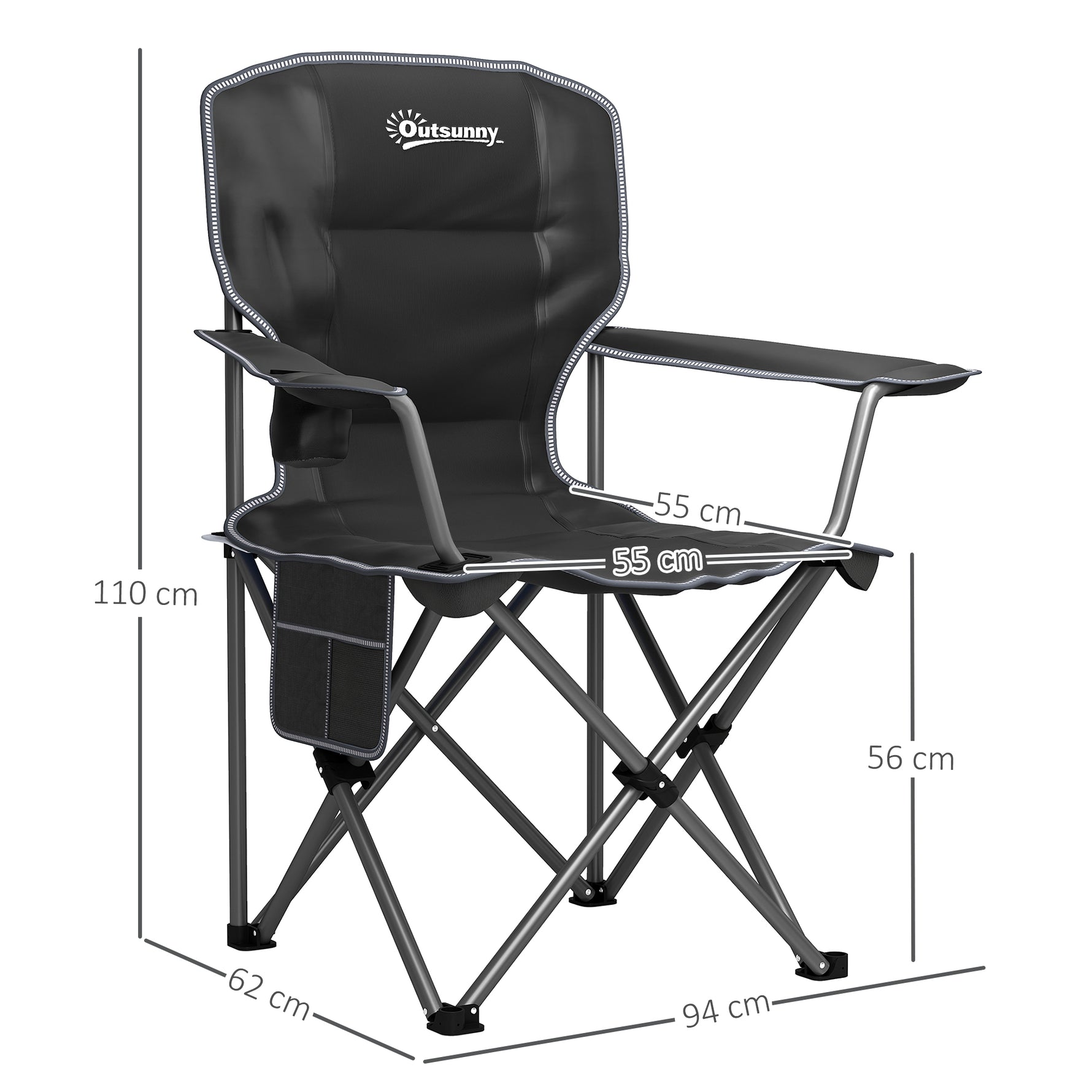 Chaise de camping pliante et portable avec porte-gobelets, poches latérales et sac de transport, noir
