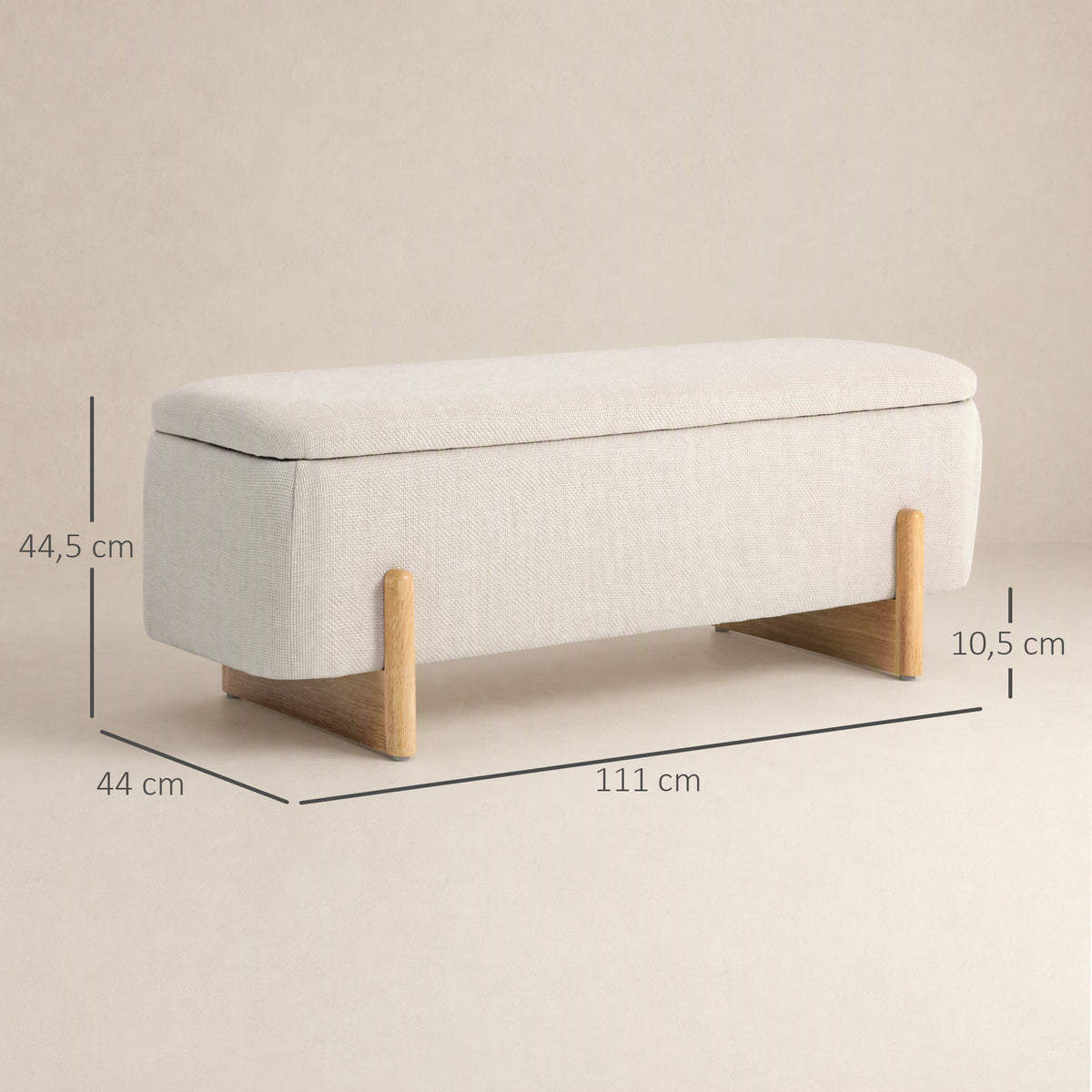 Panca contenitore, fondo letto imbottito, cerniere di sicurezza, gambe a U in legno di gomma stabile, crema