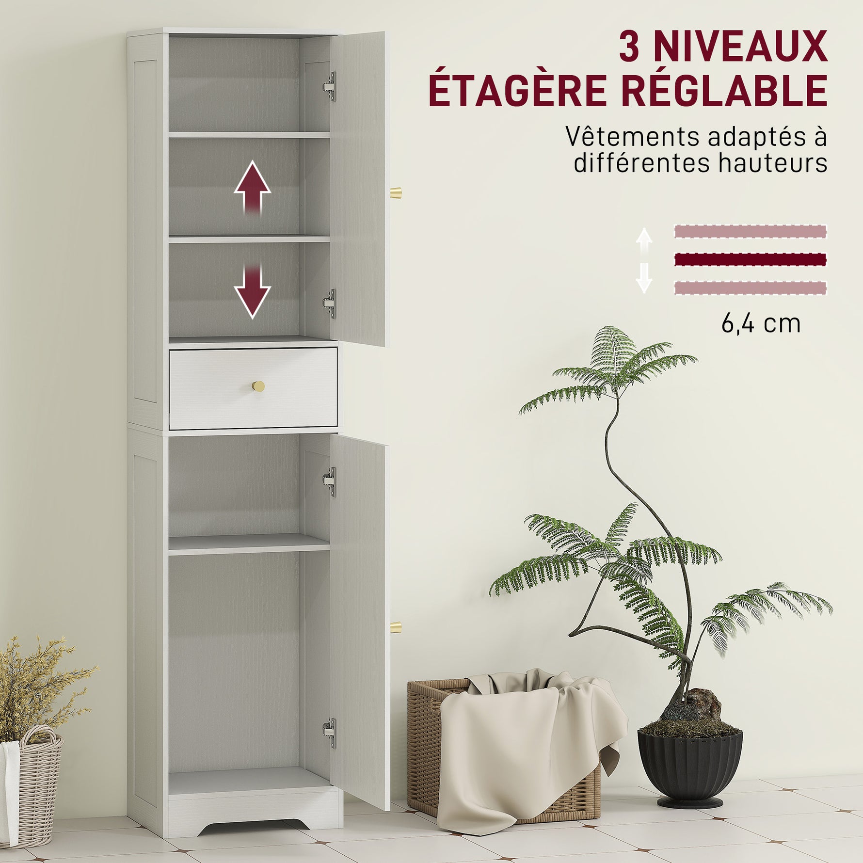 Armoire salle de bain haute meuble de rangement colonne avec placards tiroir et étagères réglables 40x29,5x170cm blanc