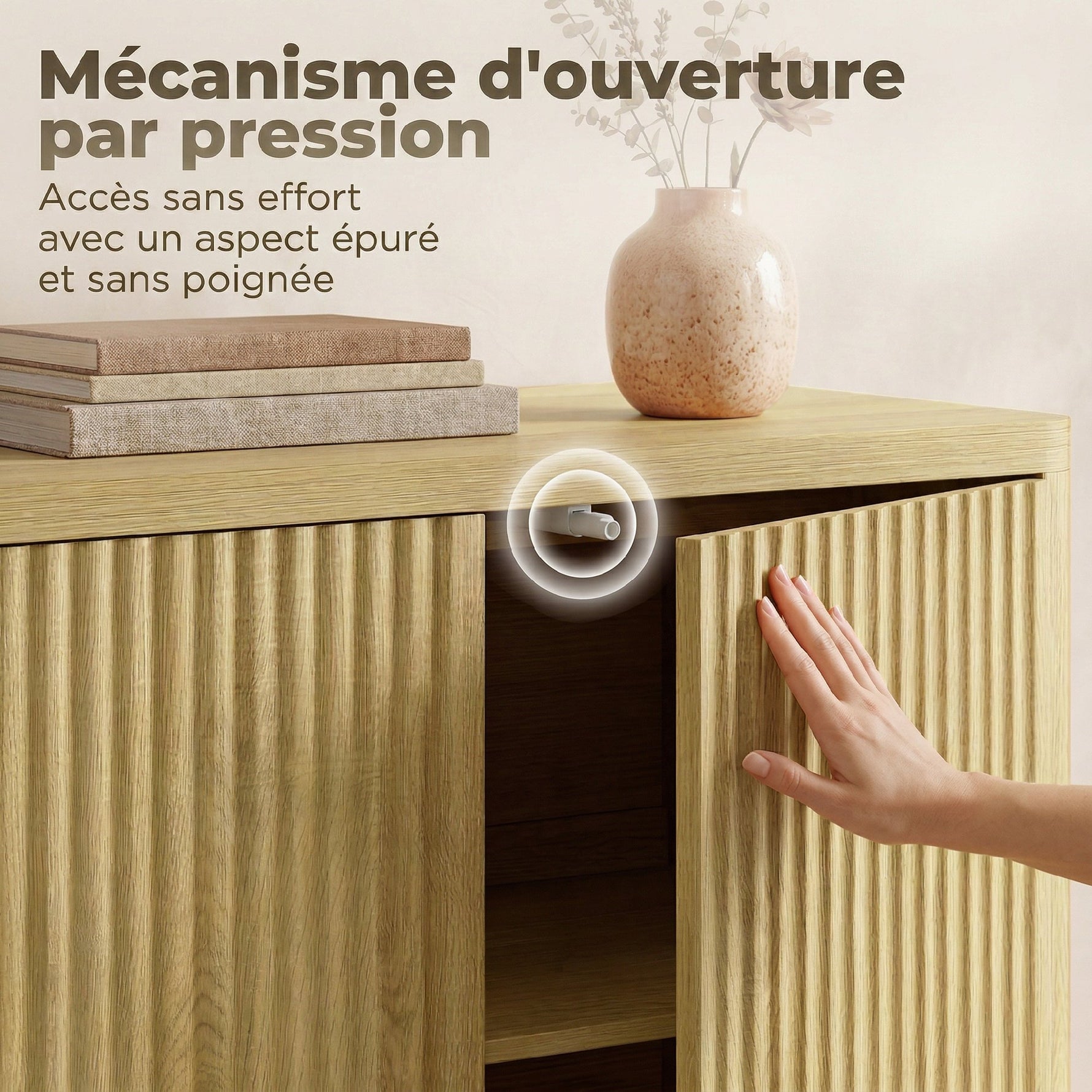 Buffet salon, meuble de rangement avec 4 portes rainurées, étagère réglable, ouverture par pression, 147x40x77cm, chêne