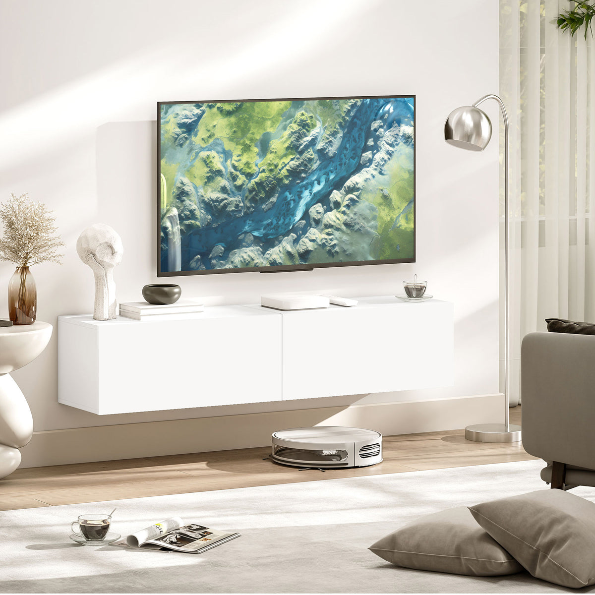 Meuble TV suspendu pour téléviseur jusqu'à 45 55 65 pouces avec 2 placards à portes, 140 x 33 x 29,8 cm, blanc