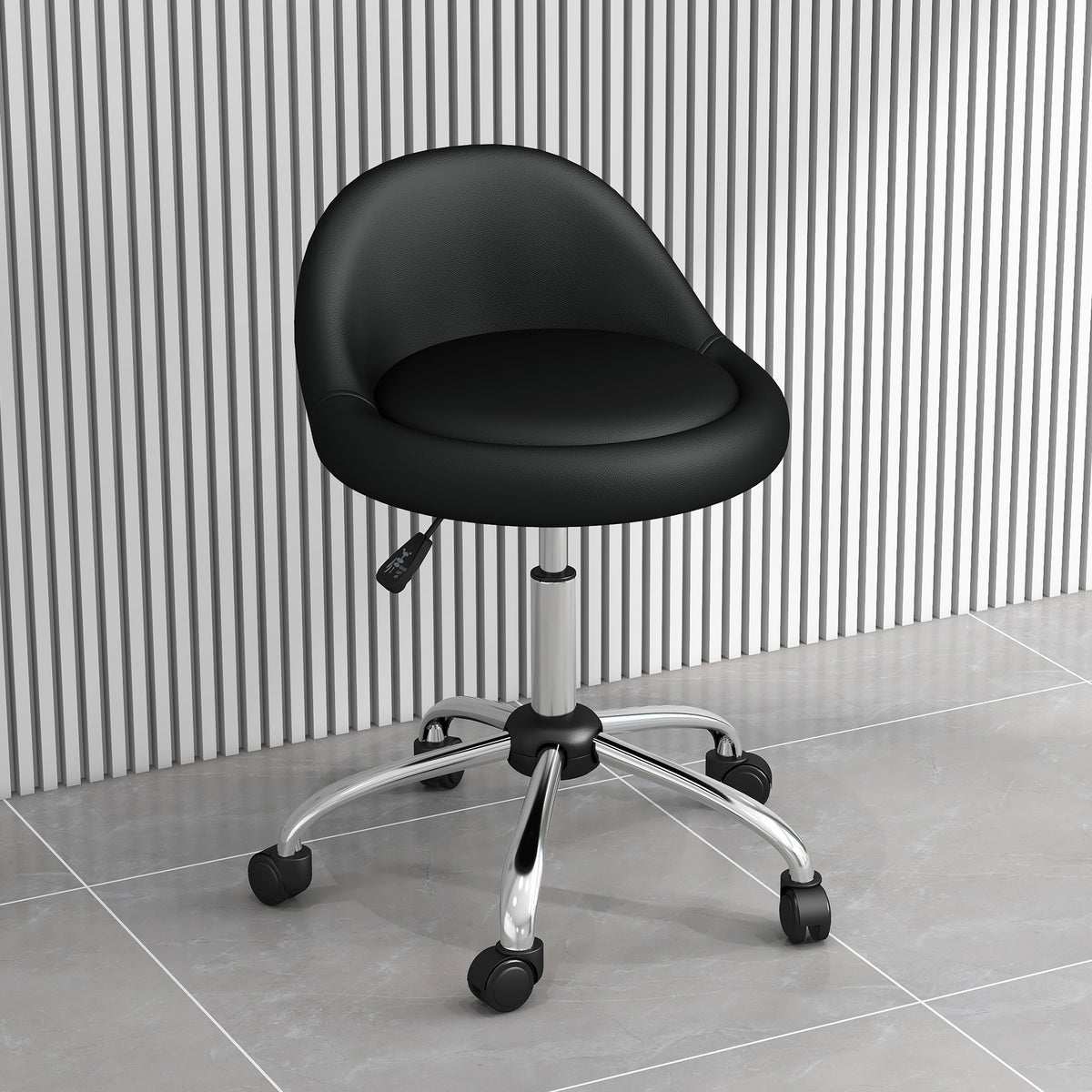 Sgabello con rotelle, sgabello da lavoro girevole a 360°, altezza regolabile 53-73 cm, rivestimento sintetico nero