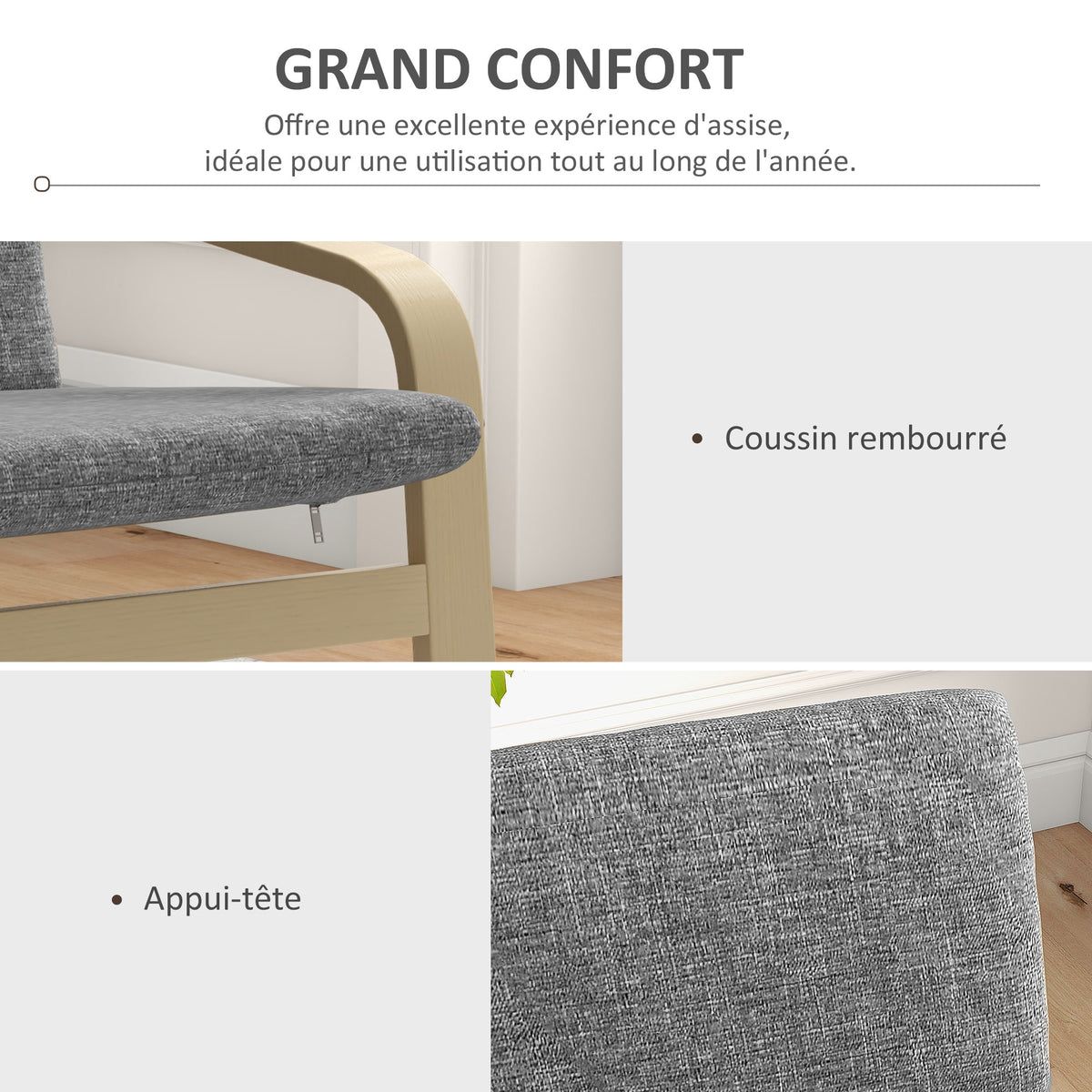 Fauteuil de salon, fauteuil chambre avec accoudoirs incurvés, coussin, tissu aspect lin, 65 x 79 x 98 cm, gris