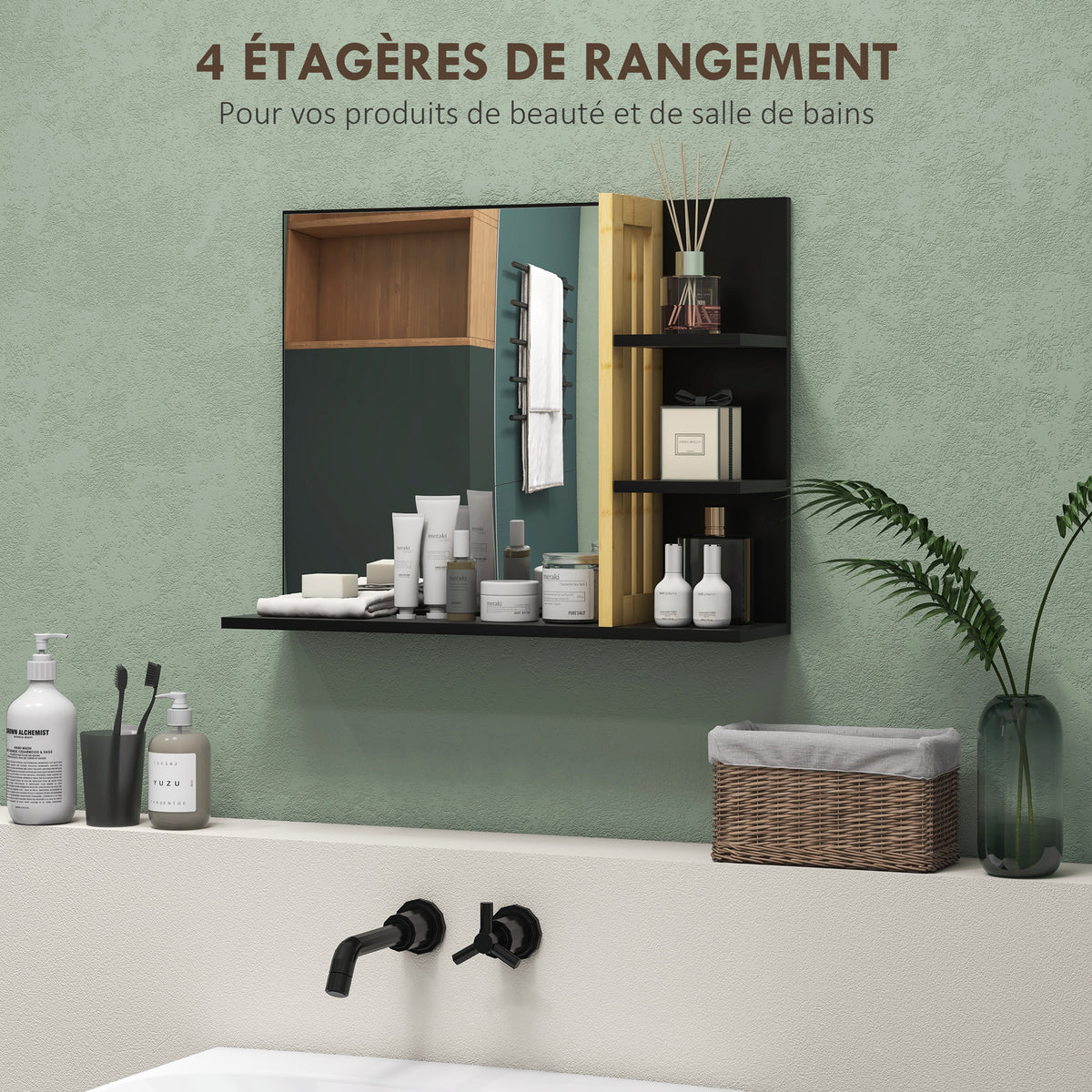 Miroir mural de salle de bain avec étagères de rangement - 3 étagères latérales + 1 étagère inférieure - bois de bambou