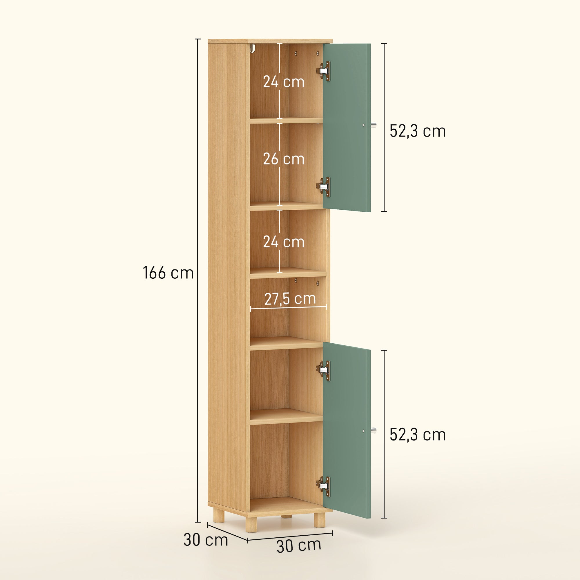 Meuble de salle de bain meuble de rangement 2 placards 2 compartiments ouverts étagères réglables 30 x 30 x 166 cm, vert