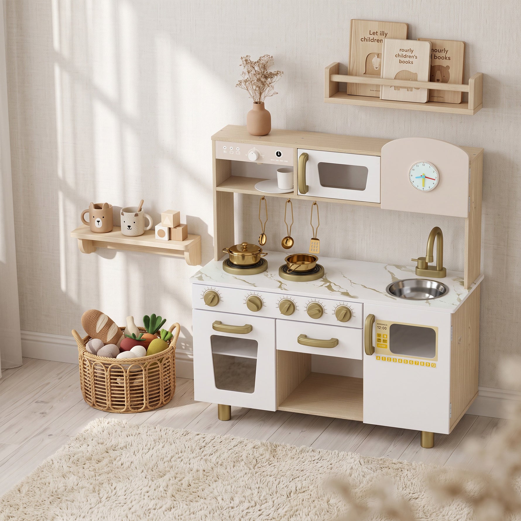 Cuisine Enfant en Bois, Dinette Cuisine Enfant avec Ustensiles en Acier Inoxydable, pour 3 à 6 Ans, 74x29x81cm, Blanc