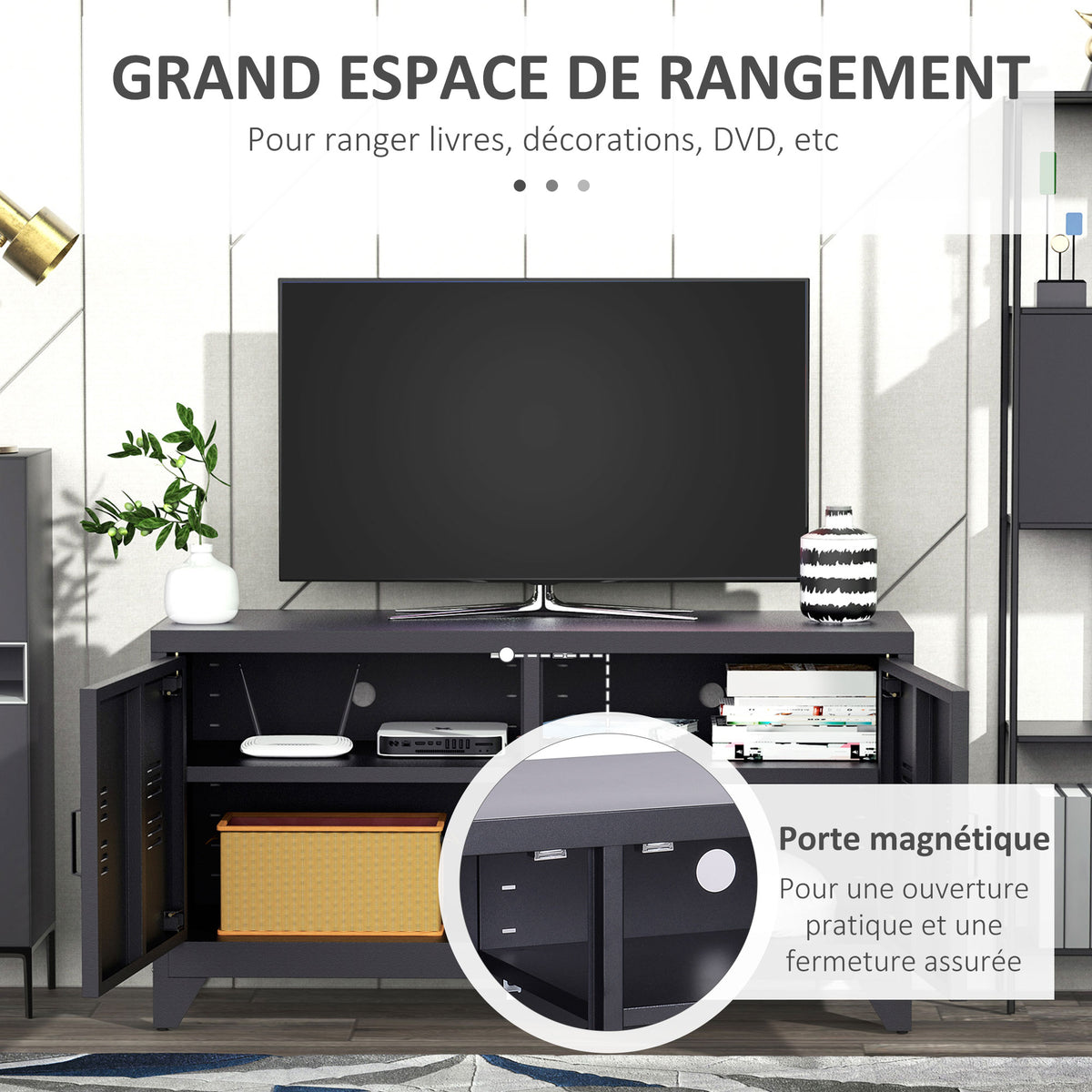 Meuble TV banc télévision design industriel 2 placards avec 2 étagères réglables passe-câbles structure acier noir