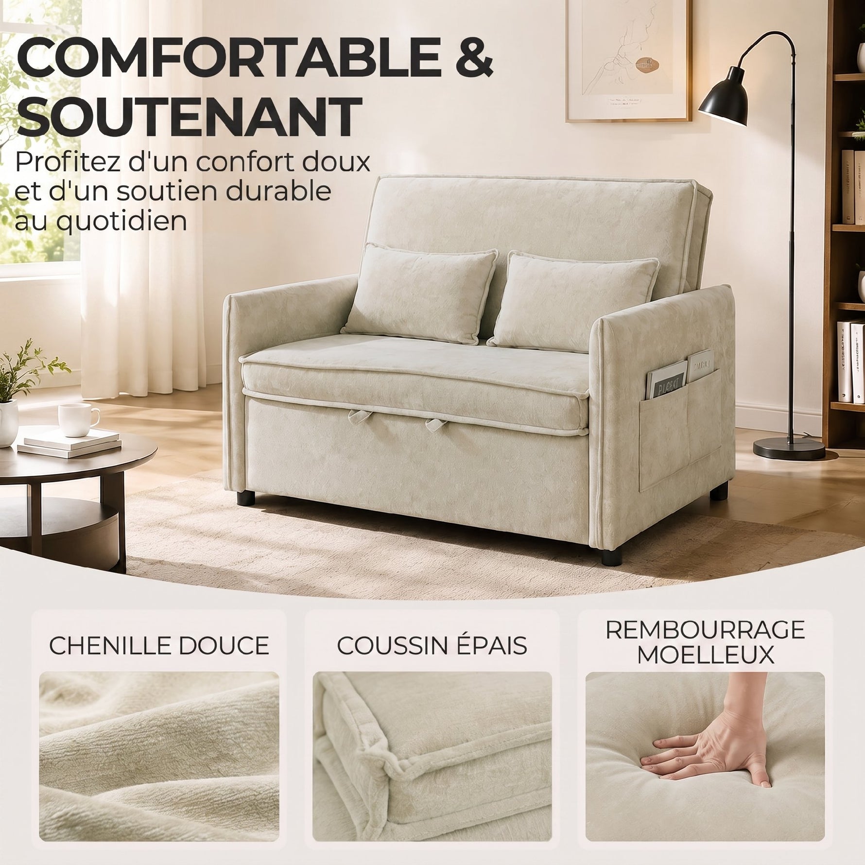 Canapé Convertible 2 Places, Canapé-Lit 3 en 1 Chenille 125 cm avec Dossier Réglable, Assise Large, 2 Oreillers, Crème