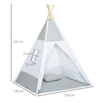 Tente Teepee Indien Tente de jeu pour Enfant Style Graphique - dim. 1,2L x 1,2I x 1,55H m - Porte refermable Fenêtre Tapis Coussin Sac Transport Inclus - à l'Intérieur à l'Extérieur Gris Blanc