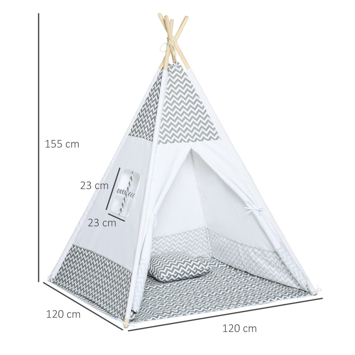 Tente Teepee Indien Tente de jeu pour Enfant Style Graphique - dim. 1,2L x 1,2I x 1,55H m - Porte refermable Fenêtre Tapis Coussin Sac Transport Inclus - à l'Intérieur à l'Extérieur Gris Blanc