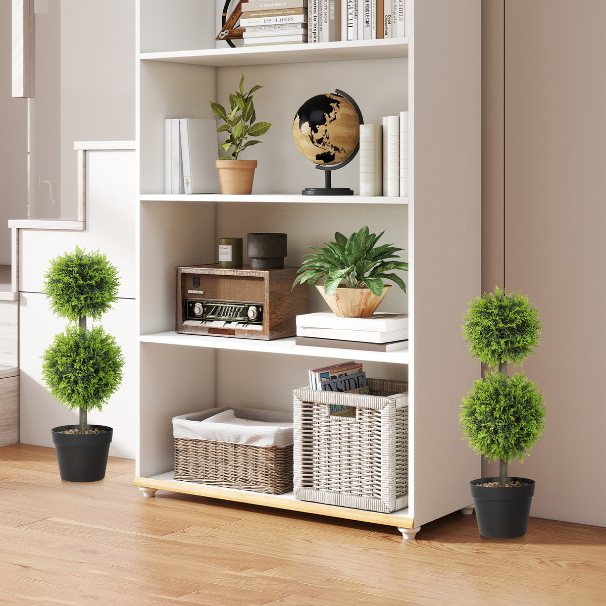 Lot de 2 plantes artificielles décoratives, boules de buis artificiel 60 cm avec pot, plastique, vert