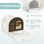 Maison de toilette pour chat avec tiroir amovible, bac à litière fermé avec tapis anti-trace, pelle, filtre anti-odeur et porte battante, nettoyage facile, 43 x 44 x 47 cm, blanc