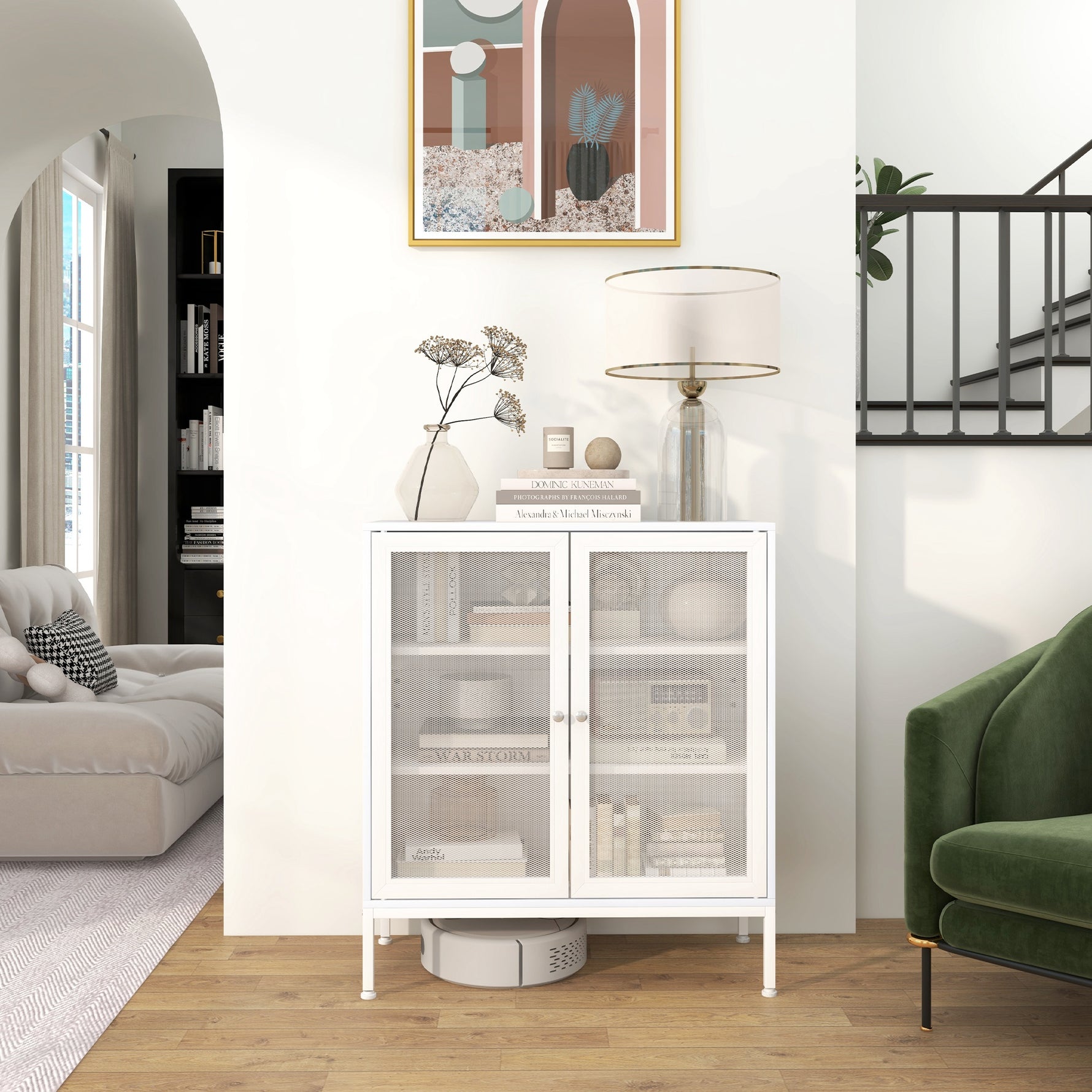 Buffet meuble de cuisine à 3 niveaux avec 2 portes grillagées avec étagère réglable 80 x 37 x 92 cm blanc