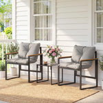 Salon de jardin 3 pièces 2 places avec 2 fauteuils 1 table basse, plateau en verre trempé et coussins, gris