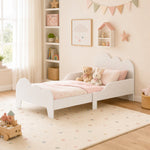 Toddler floor bed 70x140 cm with safety rail, slatted base included, and cloud decorations, white